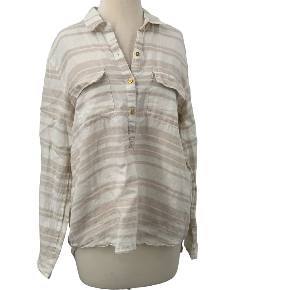 Ellen Tracy Roll Tab Sleeve Button Up‎ Hi-Lo Linen Tunic Beige/White Striped L